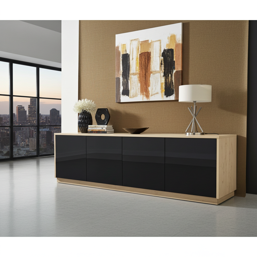 A modern sideboard console table with glossy black doors and a light natural wood frame, styled in a contemporary room with a lamp, vases, and an abstract painting on the wall.
