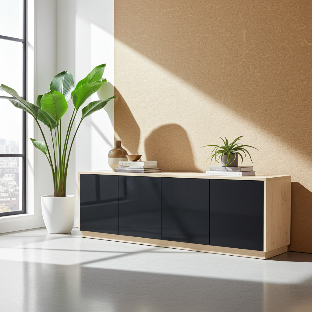 A modern sideboard cabinet with glossy black doors and a light wood frame, styled in a minimalist room with a large potted plant, books, and a small succulent under warm sunlight.