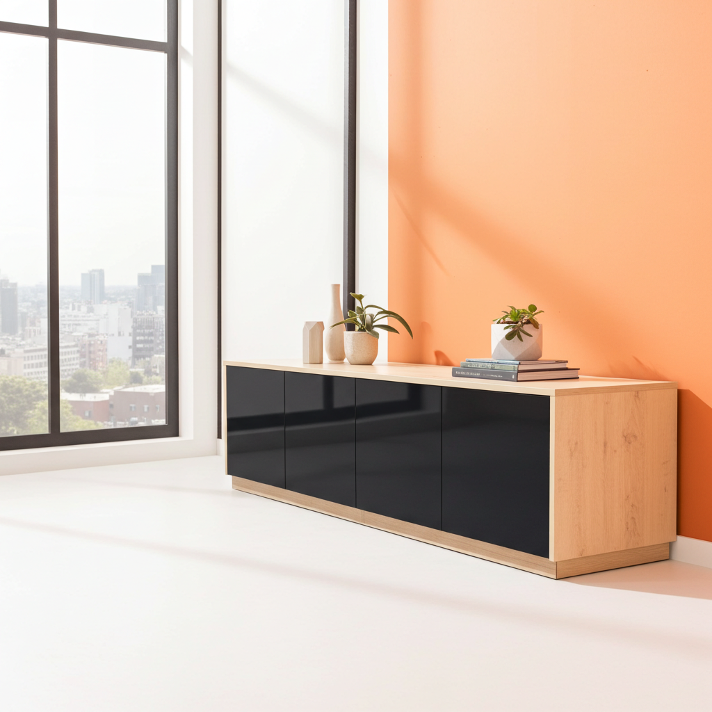 A modern low-profile media console with glossy black doors and light wood sides, styled in a minimalist room with an orange wall and a city view window.