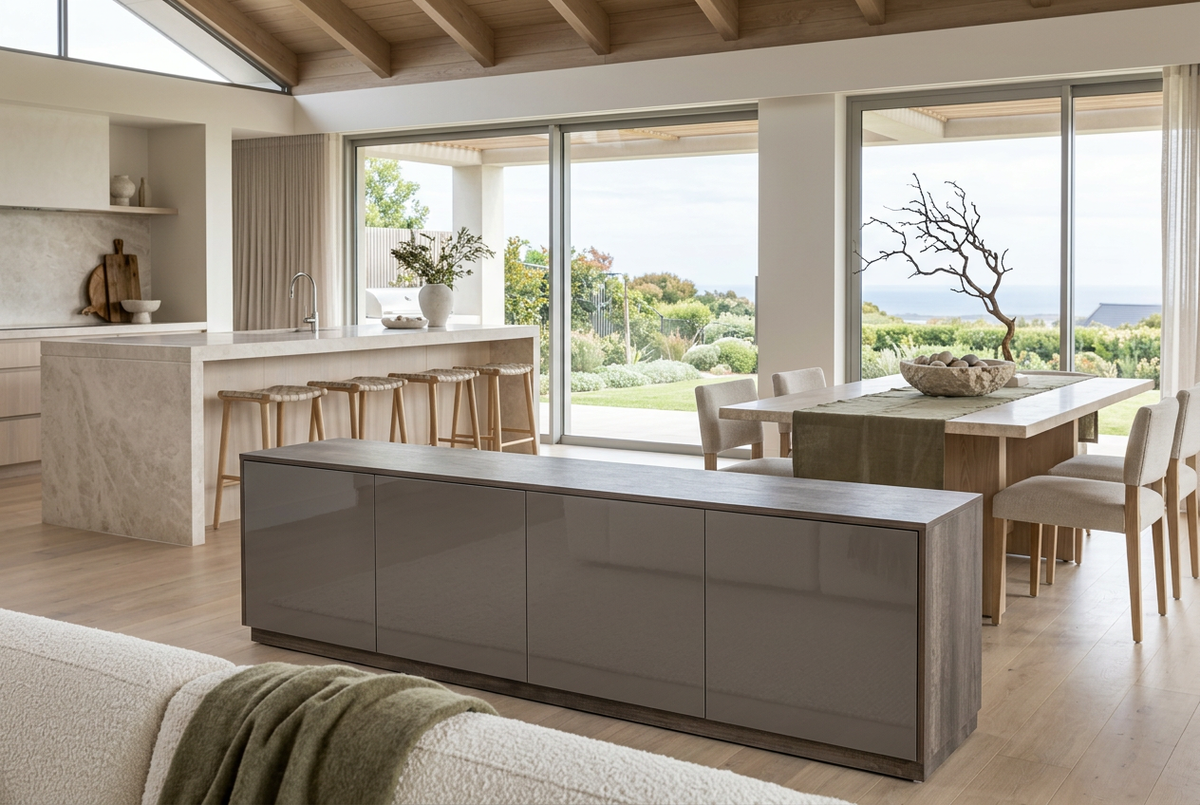 Airy coastal luxury home with pale stone kitchen and olive accents