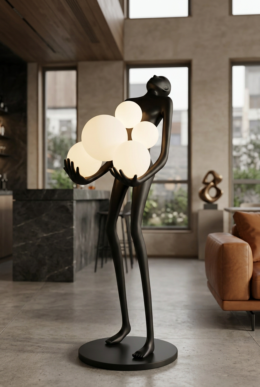 Black statue light in a moody luxury home