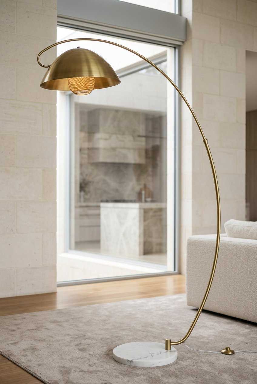 Brass arc floor lamp in a bright luxury interior