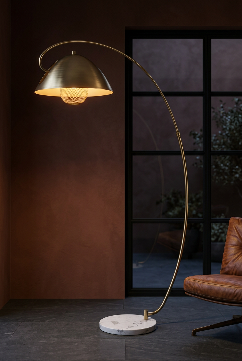 Brass arc floor lamp in a moody terracotta interior