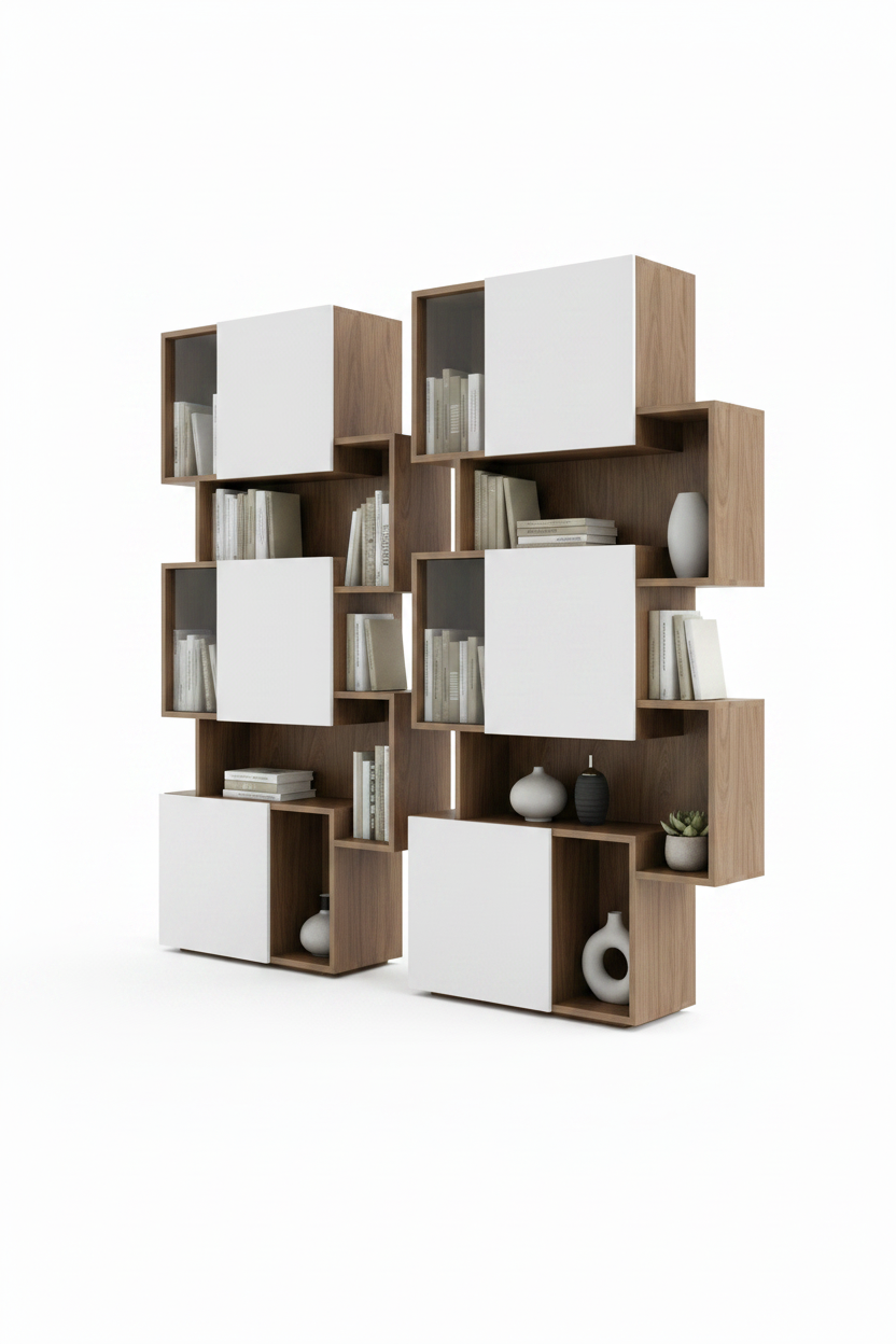 TRENZY Twin Tower Shelving Walnut White — double tower front view