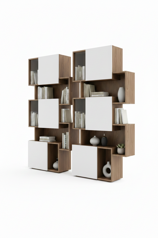 TRENZY Twin Tower Shelving Walnut White — double tower front view