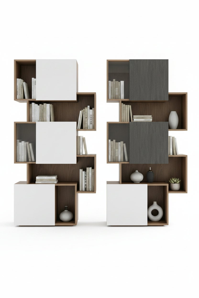 TRENZY Twin Tower Shelving Walnut White & Graphite — front pair view