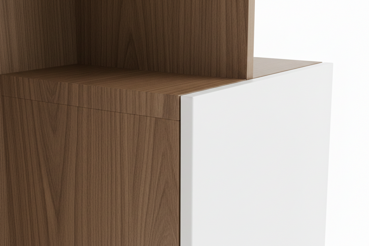 TRENZY Twin Tower Shelving — walnut veneer and white panel detail closeup