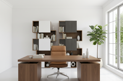 TRENZY Twin Tower Shelving Walnut White — home office lifestyle