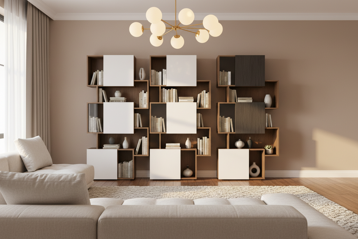 TRENZY Twin Tower Shelving Walnut Charcoal — living room with pendants lifestyle