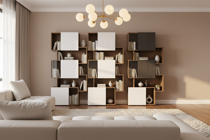 TRENZY Twin Tower Shelving Walnut Charcoal — living room with pendants lifestyle