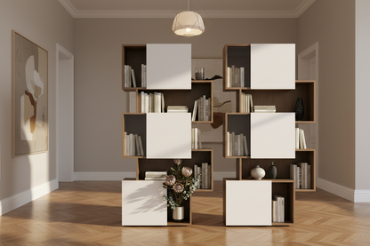TRENZY Twin Tower Shelving Walnut White — living room lifestyle