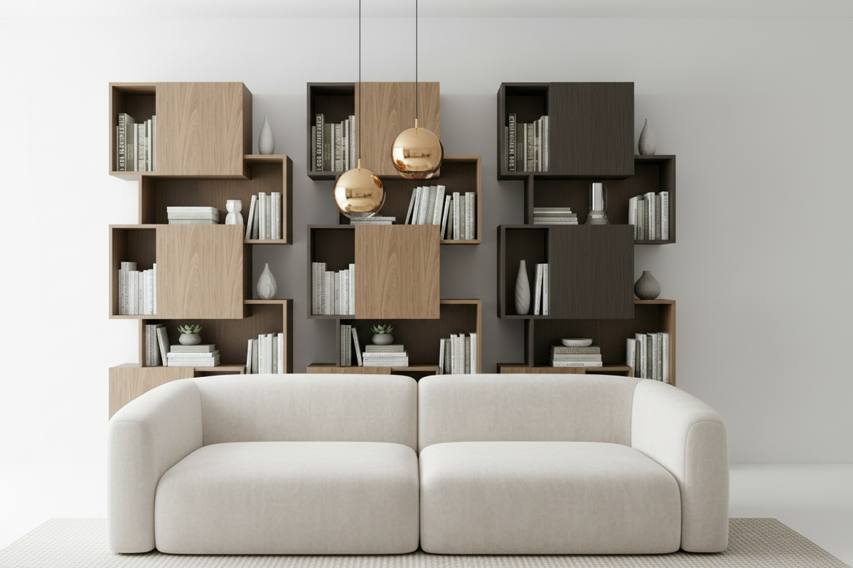 TRENZY Twin Tower Shelving Walnut Charcoal — living room lifestyle
