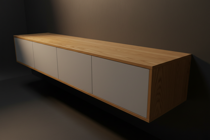 TRENZY Lux Floating Wall-Mounted TV Stand – Oak & Light Grey Gloss | 200cm