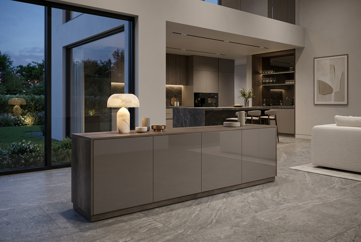 Double-height contemporary home at dusk with a statement stone kitchen