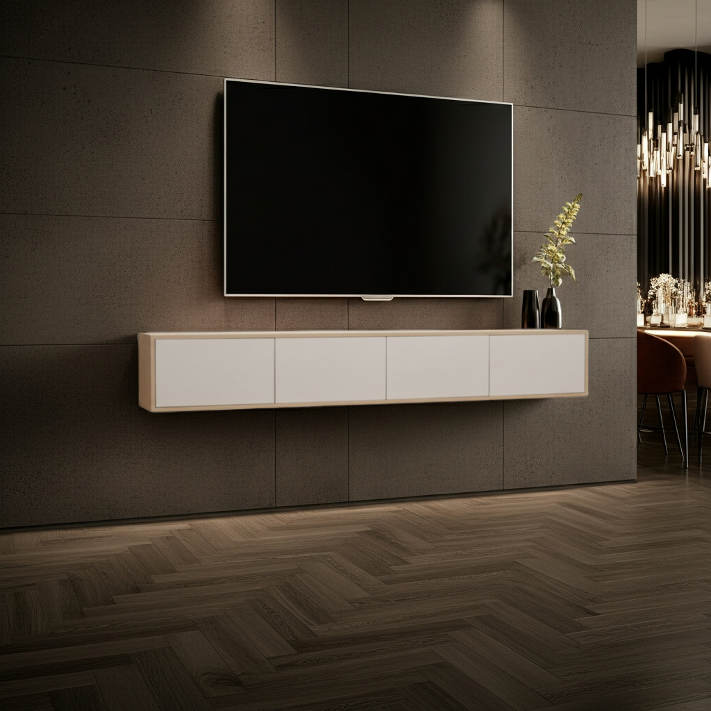 TRENZY Lux Floating Wall-Mounted TV Stand – Oak & Light Grey Gloss | 200cm