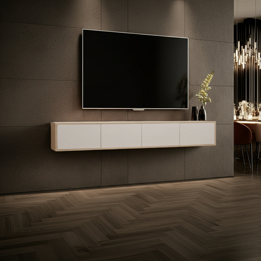 TRENZY Lux Floating Wall-Mounted TV Stand – Oak & Light Grey Gloss | 200cm