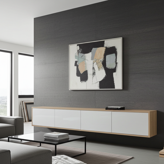 TRENZY Lux Floating Wall-Mounted TV Stand in oak and light grey gloss, sleek modern design with soft-close cabinets and concealed cable management