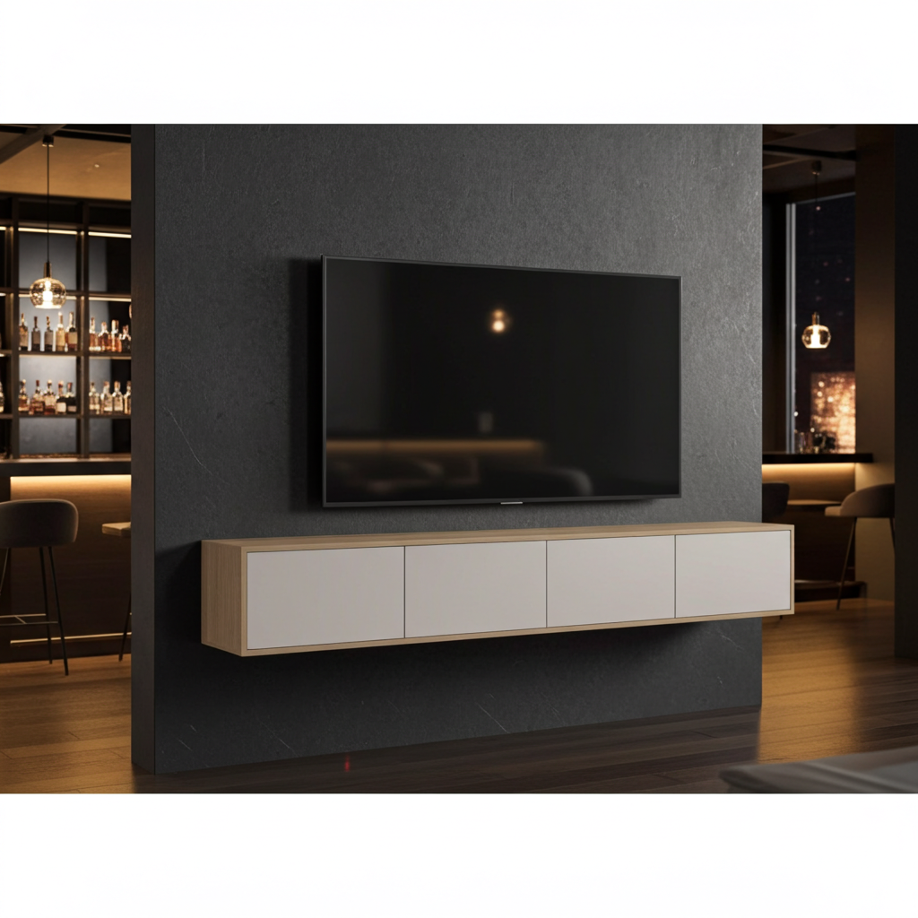 TRENZY Lux Floating Wall-Mounted TV Stand – Oak & Light Grey Gloss | 200cm