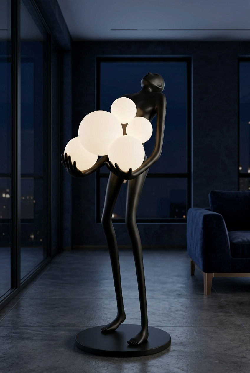 Embrace globe sculptural floor lamp in a midnight interior