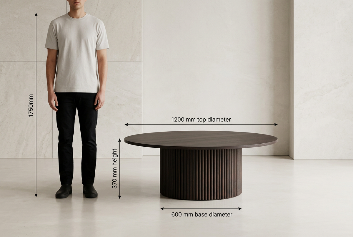 Espresso coffee table dimensions and person for scale