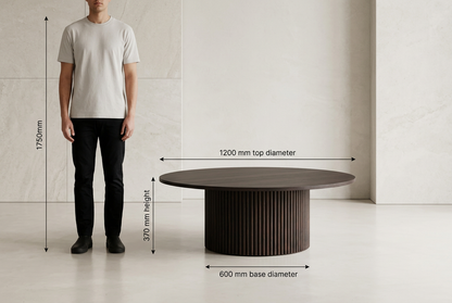 Espresso coffee table dimensions and person for scale