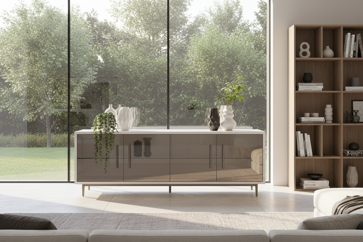 TRENZY DYNAMIQ Glass Credenza | White Gloss & Bronze Glass