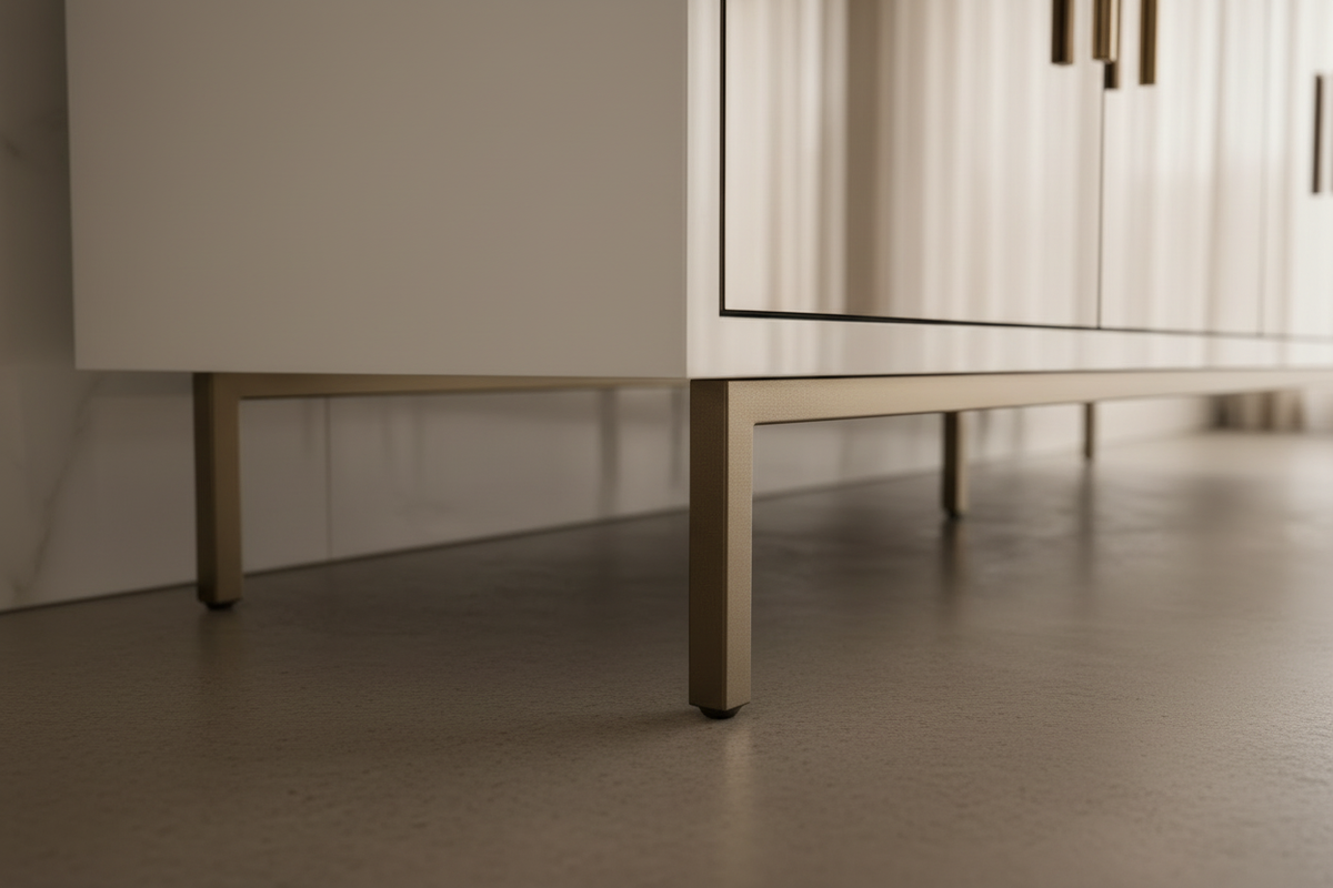 Close-up of a modern sideboard cabinet with a white front, a thin black glass shelf, and slim gold metal legs on a polished concrete floor.