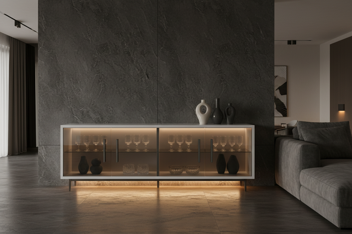 TRENZY DYNAMIQ Glass Credenza | White Gloss & Bronze Glass