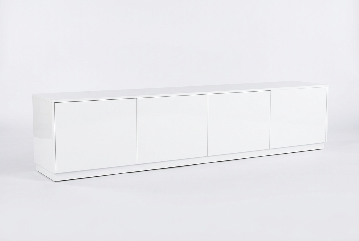 Gloss-white TV unit on a clean white-grey background
