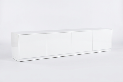 Gloss-white TV unit on a clean white-grey background