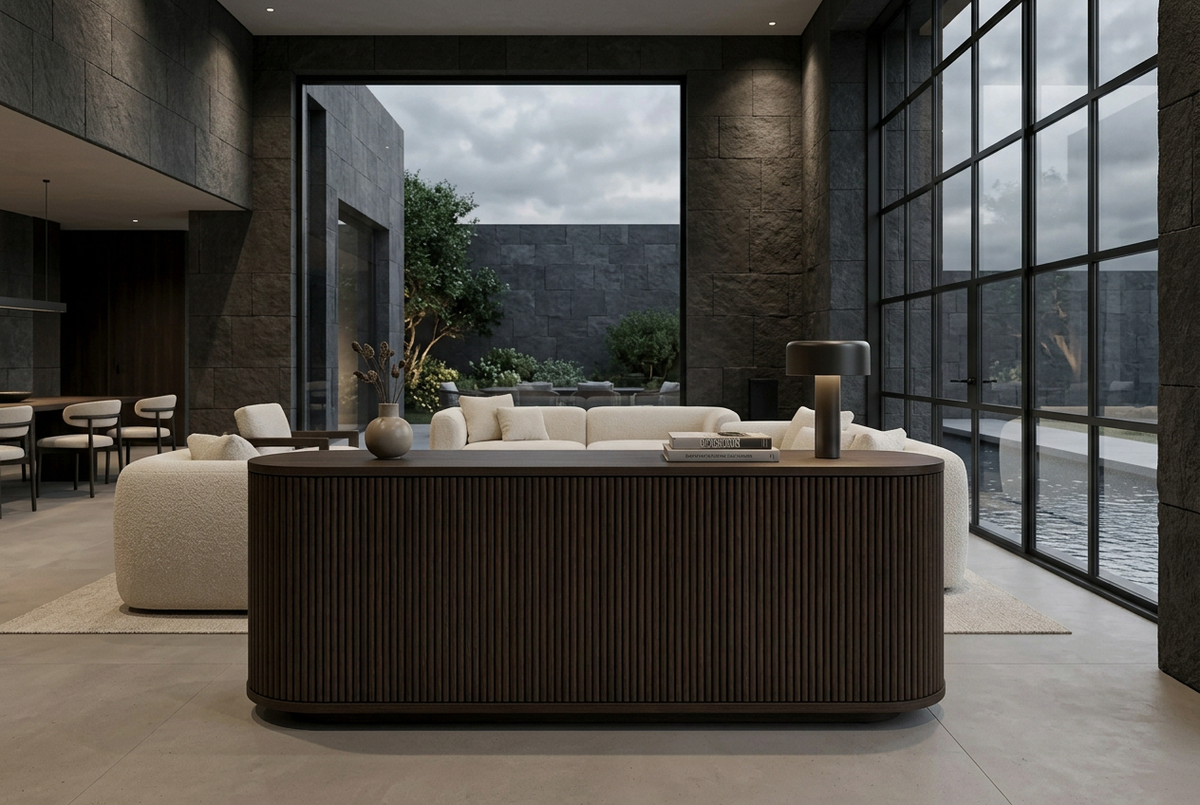 Rounded Espresso sideboard with fine half-round flutes in a moody interior