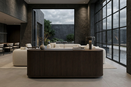 Rounded Espresso sideboard with fine half-round flutes in a moody interior