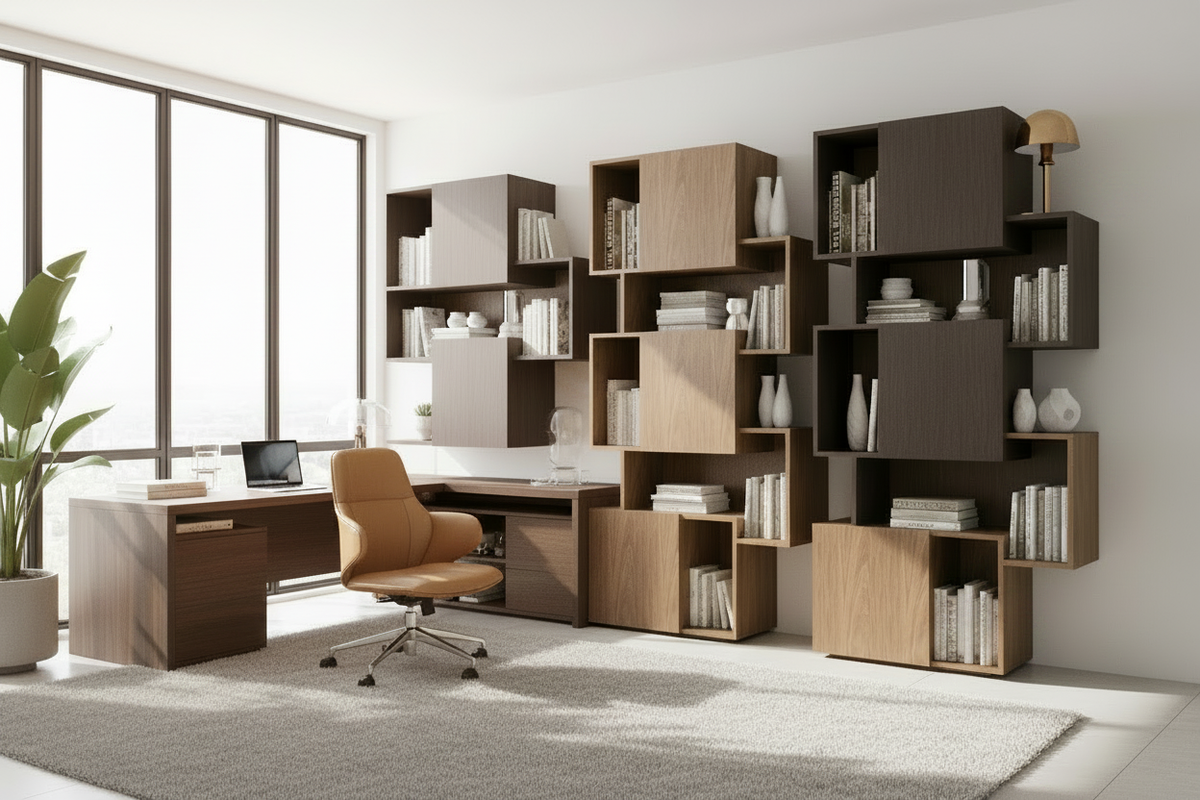 TRENZY Floor-to-Ceiling Modular Shelving — home office lifestyle with walnut desk and leather chair