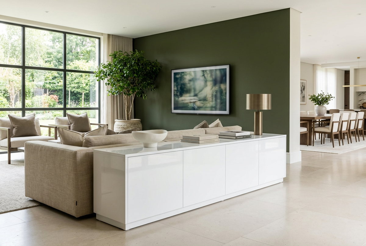 Gloss white BLOCK TV cabinet styled in an olive-green luxury living space