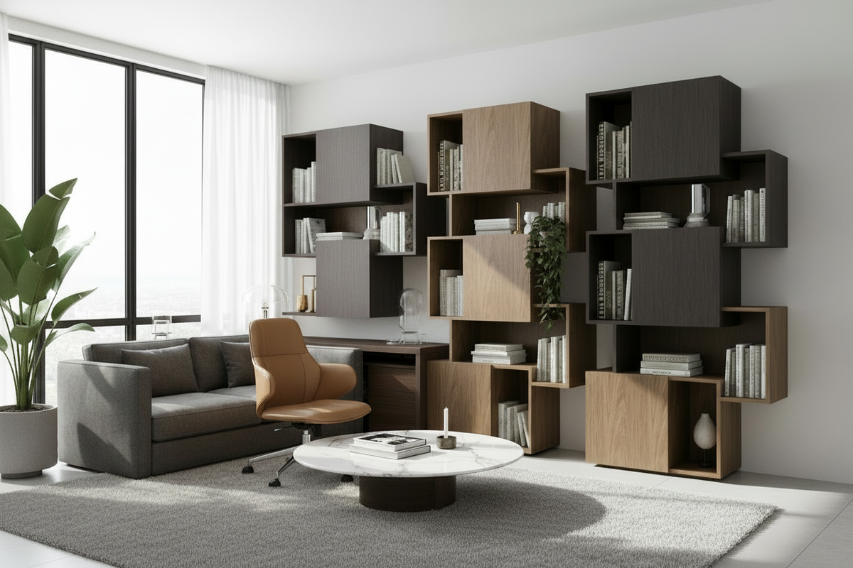 TRENZY Floor-to-Ceiling Modular Shelving — lounge lifestyle with sofa and marble coffee table