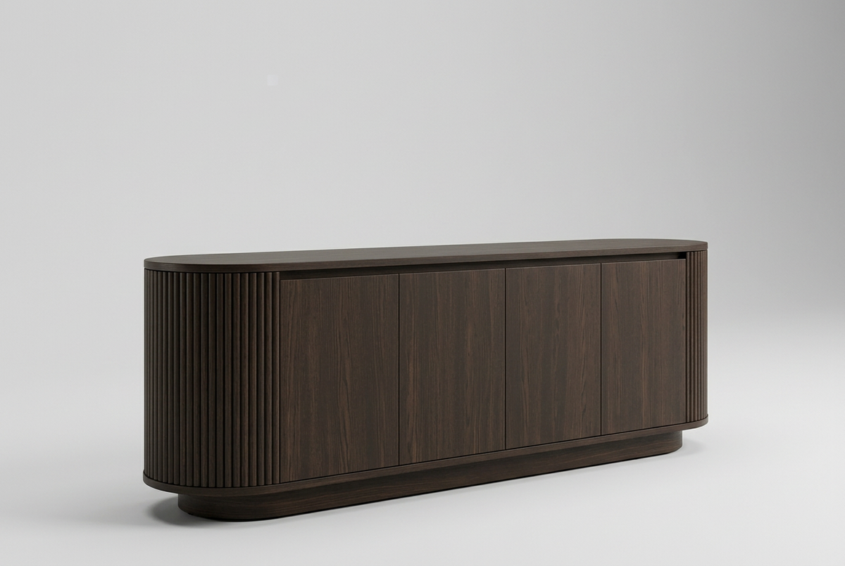 Espresso Gola sideboard with four smooth doors and fluted curved ends on a grey catalogue background