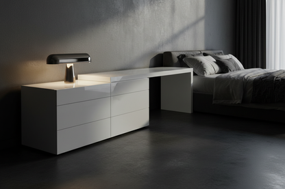 Gloss white six-drawer waterfall dresser in a dark luxury bedroom setting