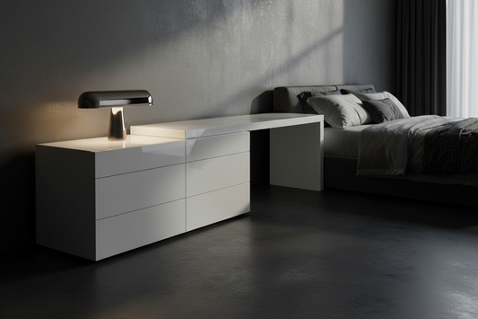 Gloss white six-drawer waterfall dresser in a dark luxury bedroom setting