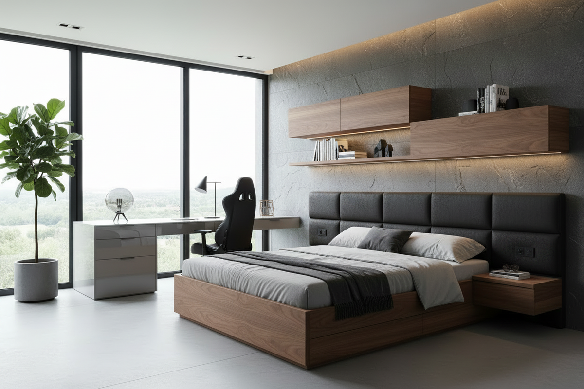 TRENZY BLOCK Platform Bed — Oak & Charcoal — lifestyle minimalist