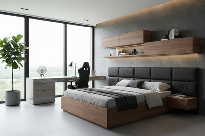 TRENZY BLOCK Platform Bed — Oak & Charcoal — lifestyle minimalist