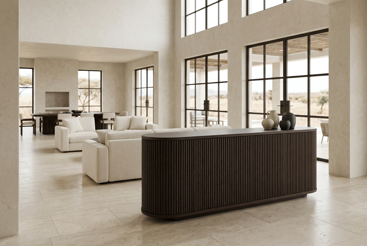 Espresso burnt-matt sideboard with slim 18 mm half-round wood flutes in an open-plan luxury home