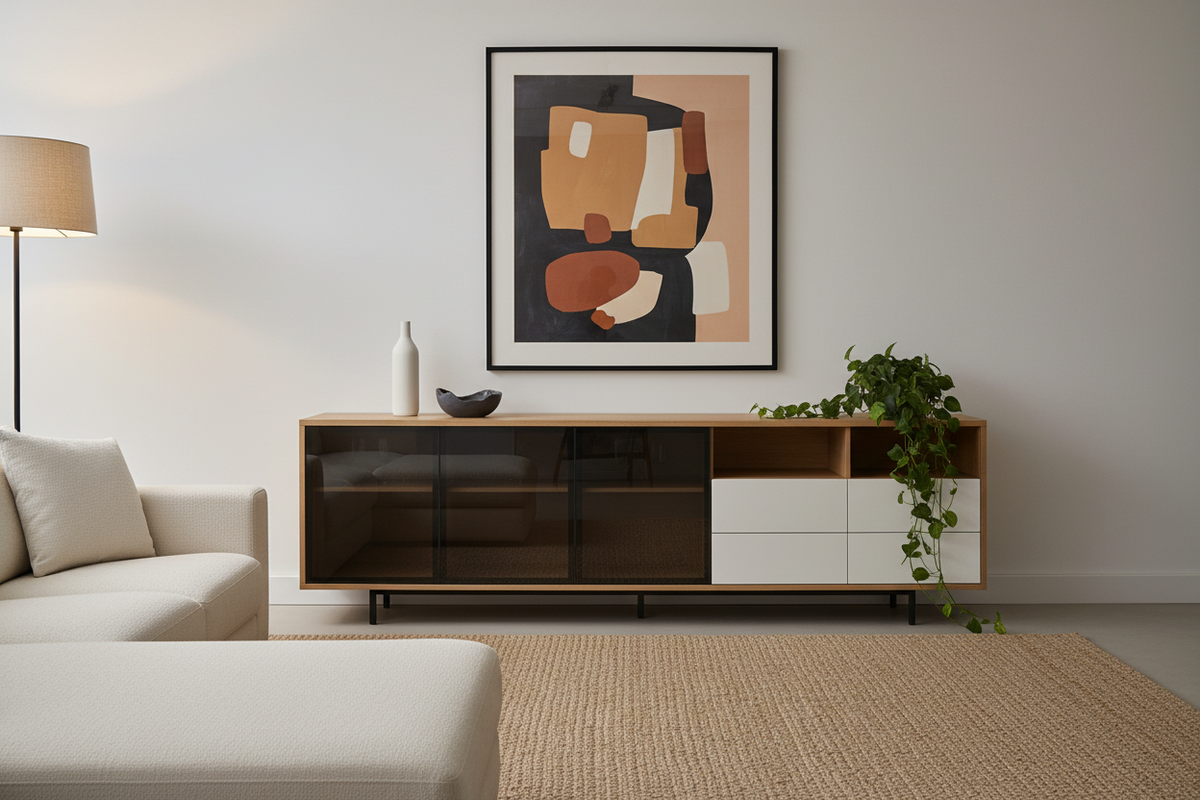 TRENZY Harbour Wide Sideboard — lifestyle in modern living room with abstract artwork