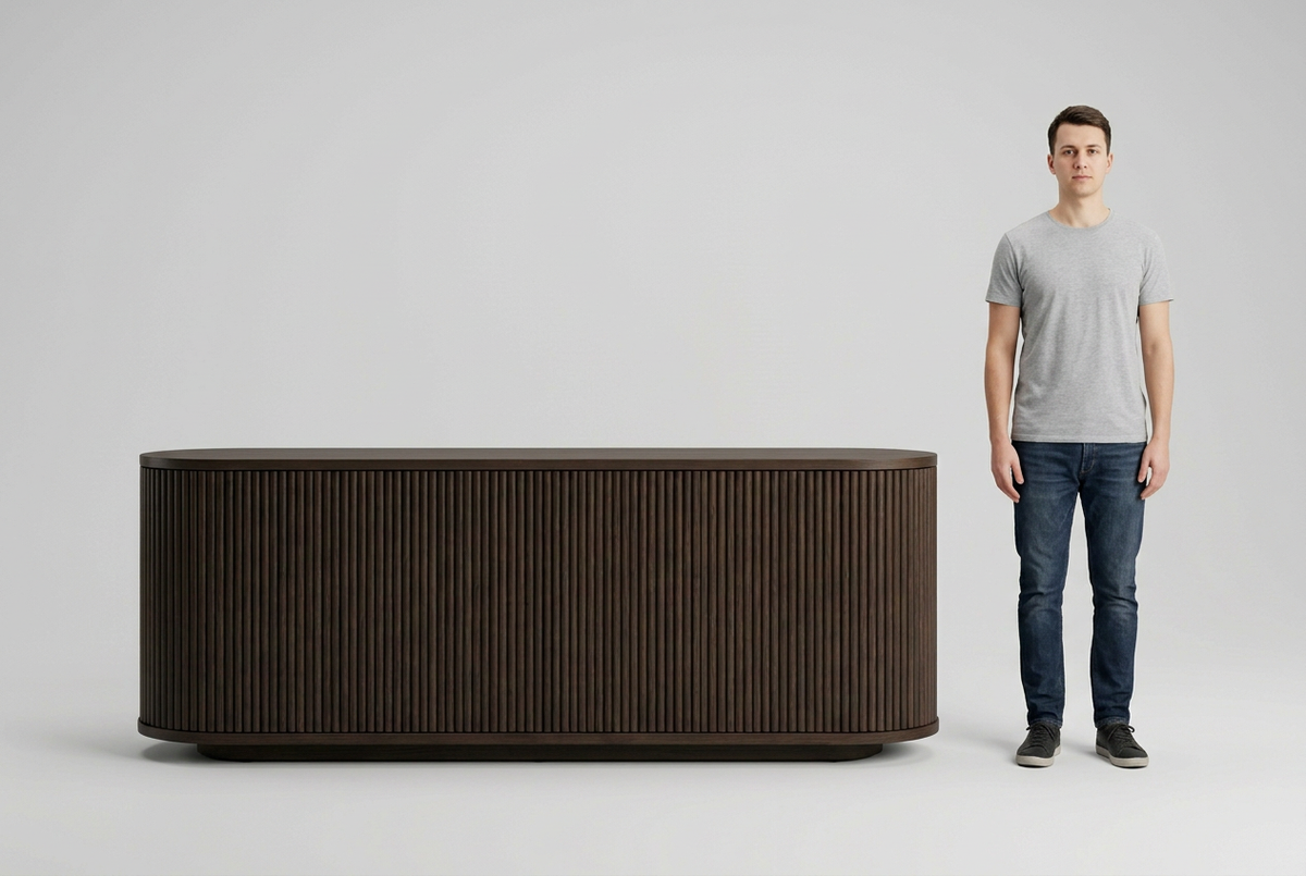 Full-person scale illustration beside the rounded Espresso sideboard with slim half-round flutes