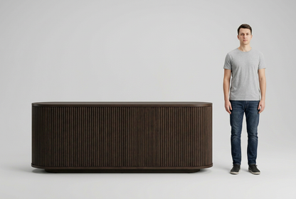 Full-person scale illustration beside the rounded Espresso sideboard with slim half-round flutes