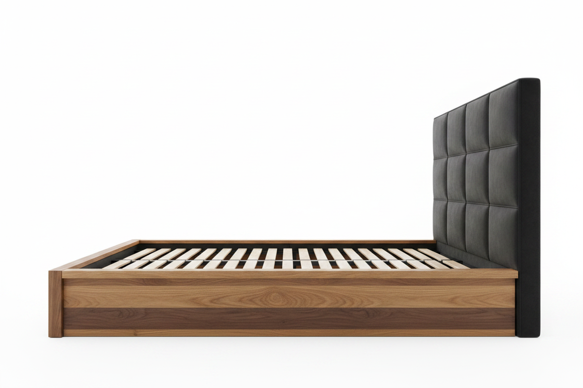 TRENZY BLOCK Platform Bed — Oak & Charcoal — side profile