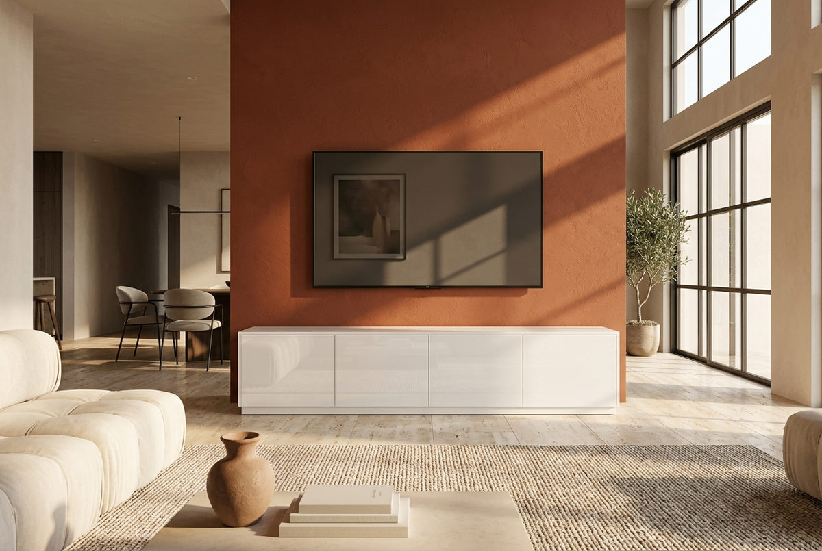 Four-door gloss white TV unit against a terracotta wall in an open-plan house