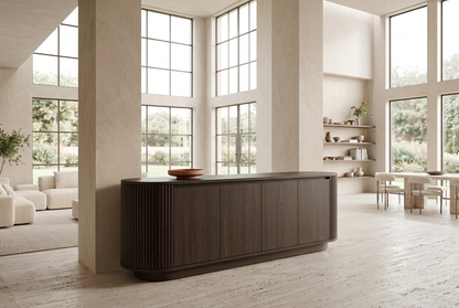 Espresso smooth-door Gola sideboard with fluted curved ends in a light luxury interior