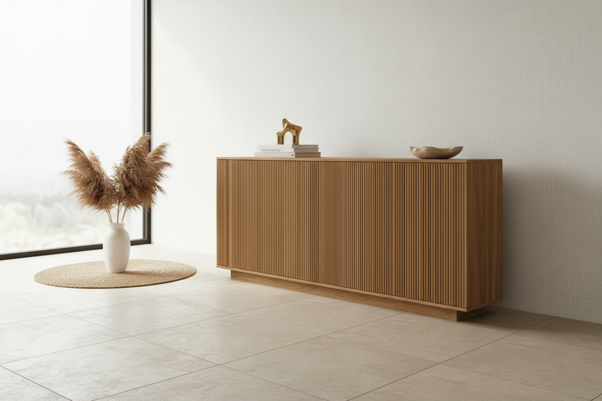 Natural oak half-round fluted sideboard in a light airy interior