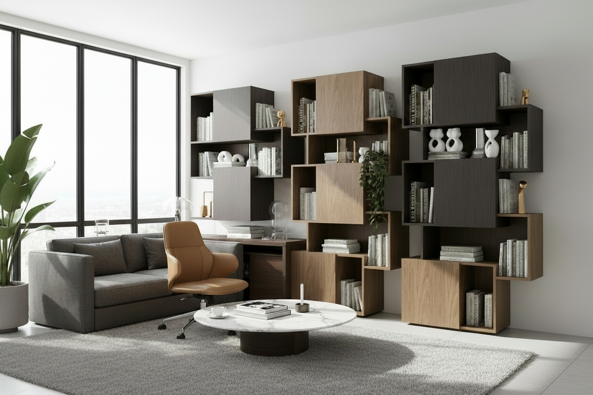 TRENZY Floor-to-Ceiling Modular Shelving — editorial lifestyle in home office