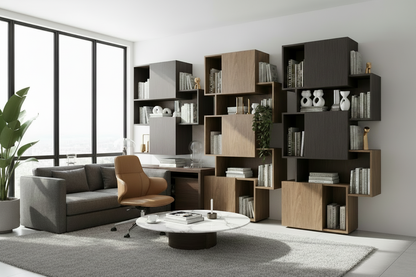 TRENZY Floor-to-Ceiling Modular Shelving — editorial lifestyle in home office